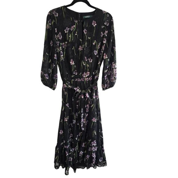 Ralph Lauren Embroidered Floral Chiffon Midi Dress Black Purple Size 4 Lined - Picture 2 of 14